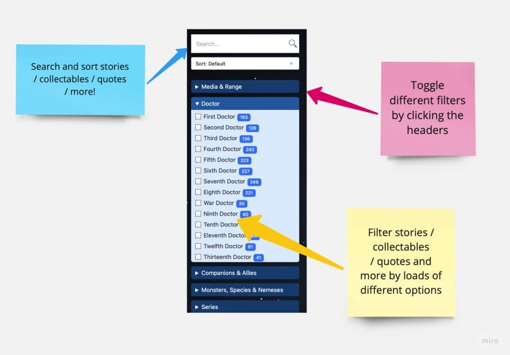 A screenshot showing filtering options - Search, toggle, and filter stories.