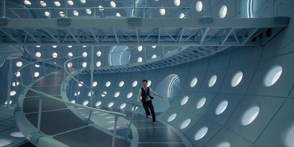 The Doctor running through his brand new TARDIS. There are ramps everywhere.