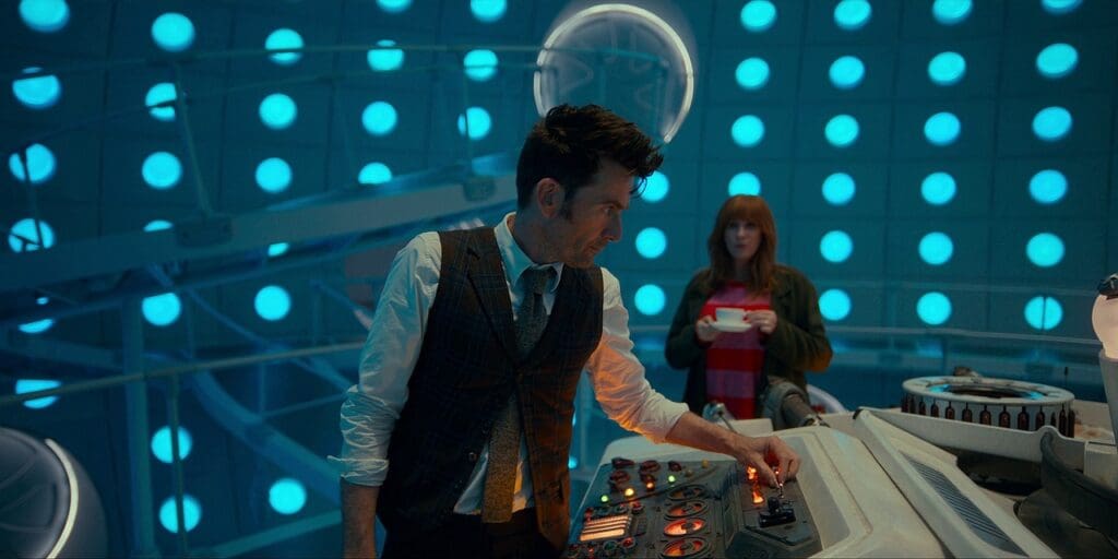 The Doctor and Donna in the TARDIS, Donna has a cup of coffee