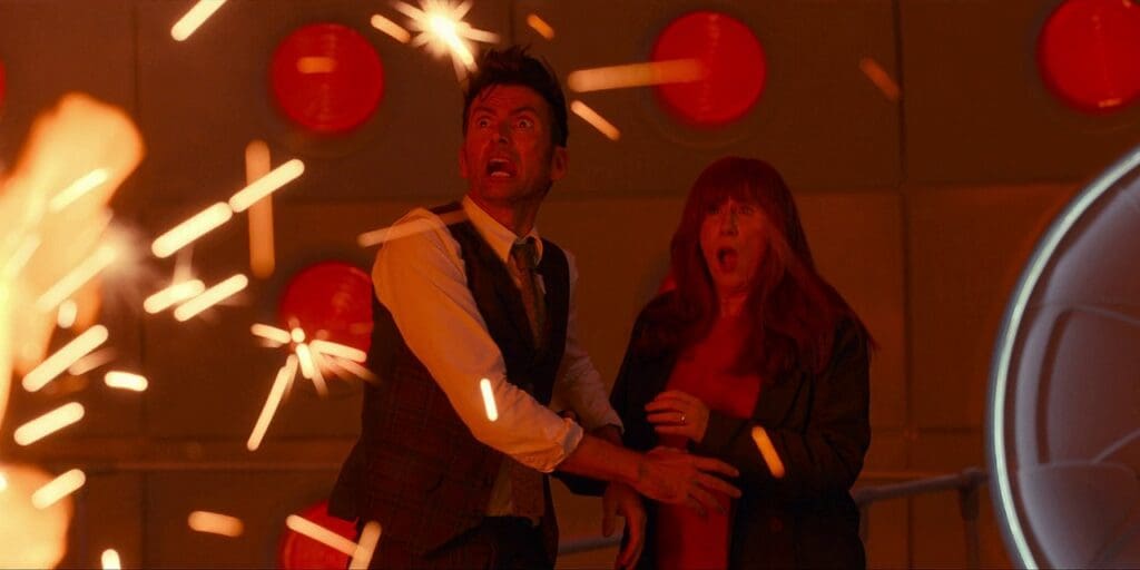 The Doctor and Donna in the TARDIS, which is exploding