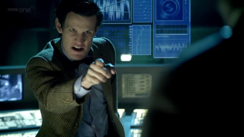 The Eleventh Doctor, angry and pointing at Manton